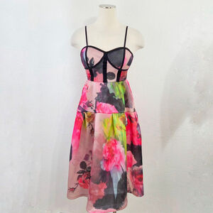 ASOS PETITE Bonded Mesh Bandeau Floral Midi Prom Dress rainbow neon pink size 4